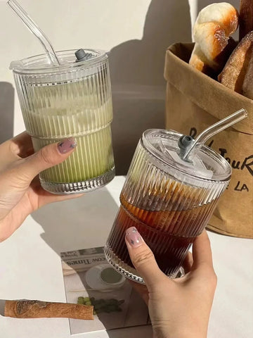 450ml Glass Cup with Lid and Straw – Transparent Striped Design